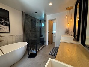 Hair dryer, towels, soap, toilet paper