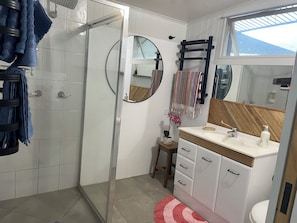 Shower, hair dryer, towels, soap