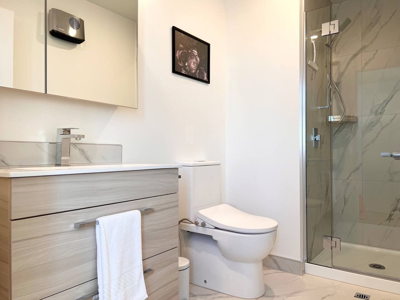 A modern bathroom with a toilet, a shower enclosure, and a vanity with a sink and mirror.