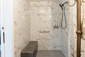 Hair dryer, slippers, towels, soap
