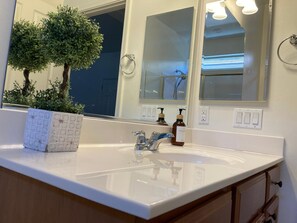Hair dryer, towels, soap, toilet paper