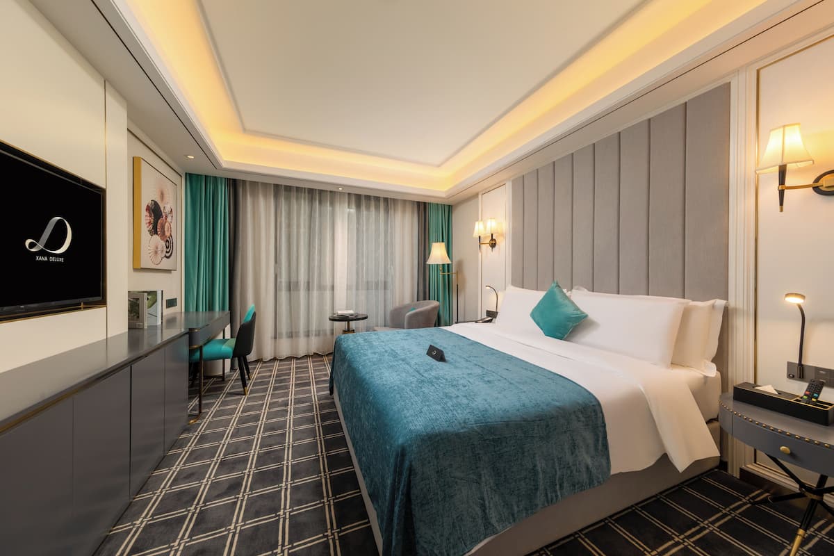 A hotel room with a bed, a desk, a chair, a TV, and a lamp.