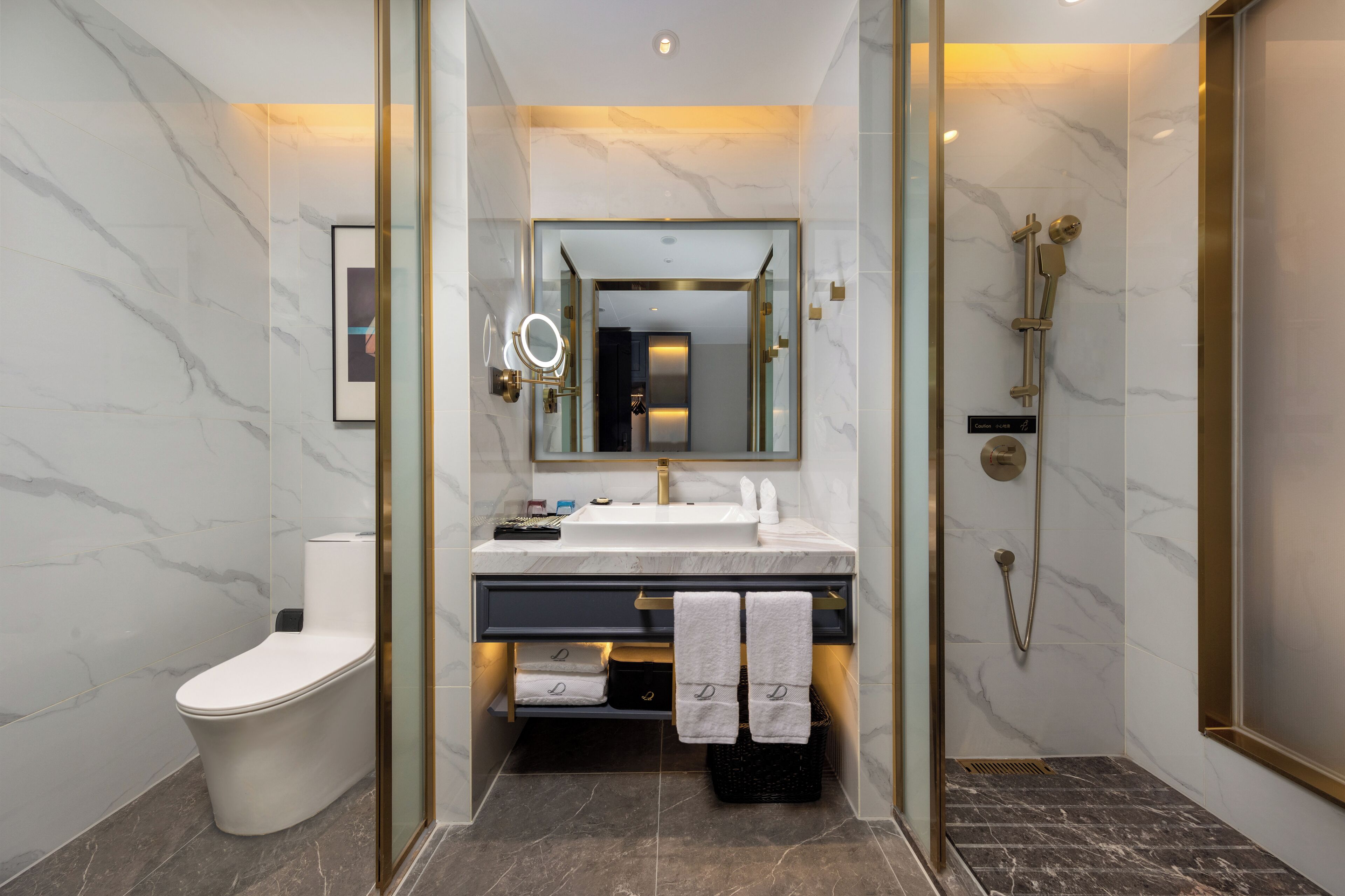 A modern bathroom with a glass-enclosed shower, a white toilet, and a vanity with a mirror and towel rack.