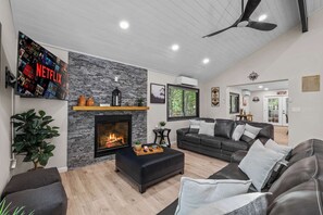 TV, fireplace, foosball, offices