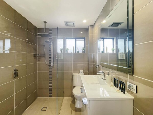 Shower, hair dryer, towels, shampoo