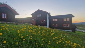A wooden building with a red roof and multiple windows, surrounded by a field of yellow flowers. - Skotten Seter Bed Husky (Ringebu)