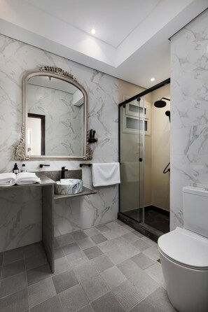 Shower, hair dryer, bidet, towels