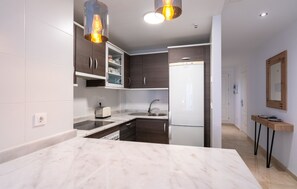 Fridge, microwave, oven, stovetop