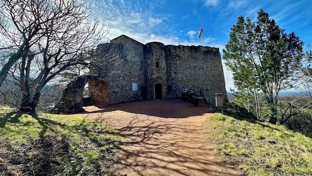 A stone building with a flag, surrounded by trees and a clear sky.