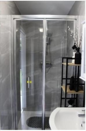 Shower, towels, soap, toilet paper