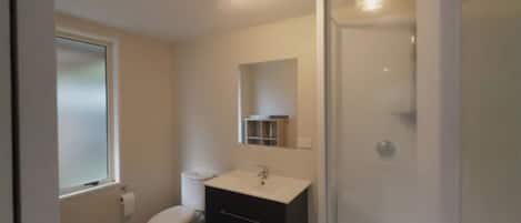 Shower, hair dryer, towels, toilet paper
