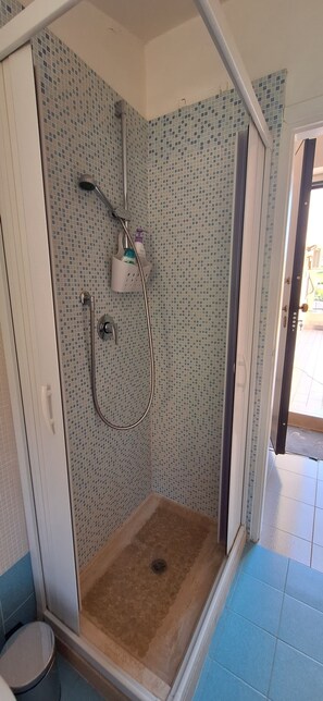 Shower, hair dryer, bidet, towels