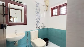 Bidet, towels, soap, toilet paper