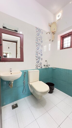 Bidet, towels, soap, toilet paper