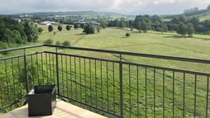 A balcony with a metal railing, a black planter, and a view of a green field with trees and buildings in the distance.