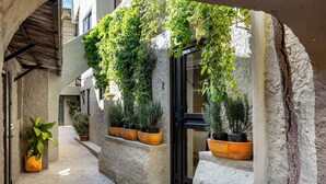 Un callejón estrecho con un edificio de fachada de piedra, plantas en macetas y una puerta negra.