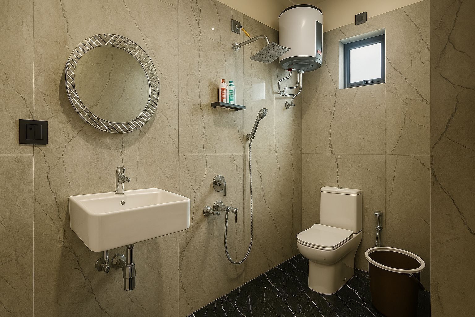 A bathroom with a sink, toilet, shower, and a mirror.