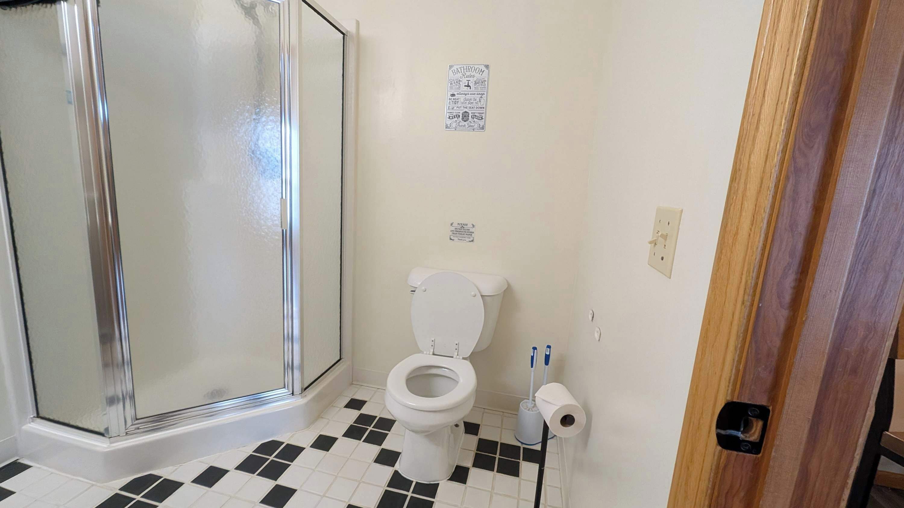 A bathroom with a toilet, a shower, and a toilet paper holder.