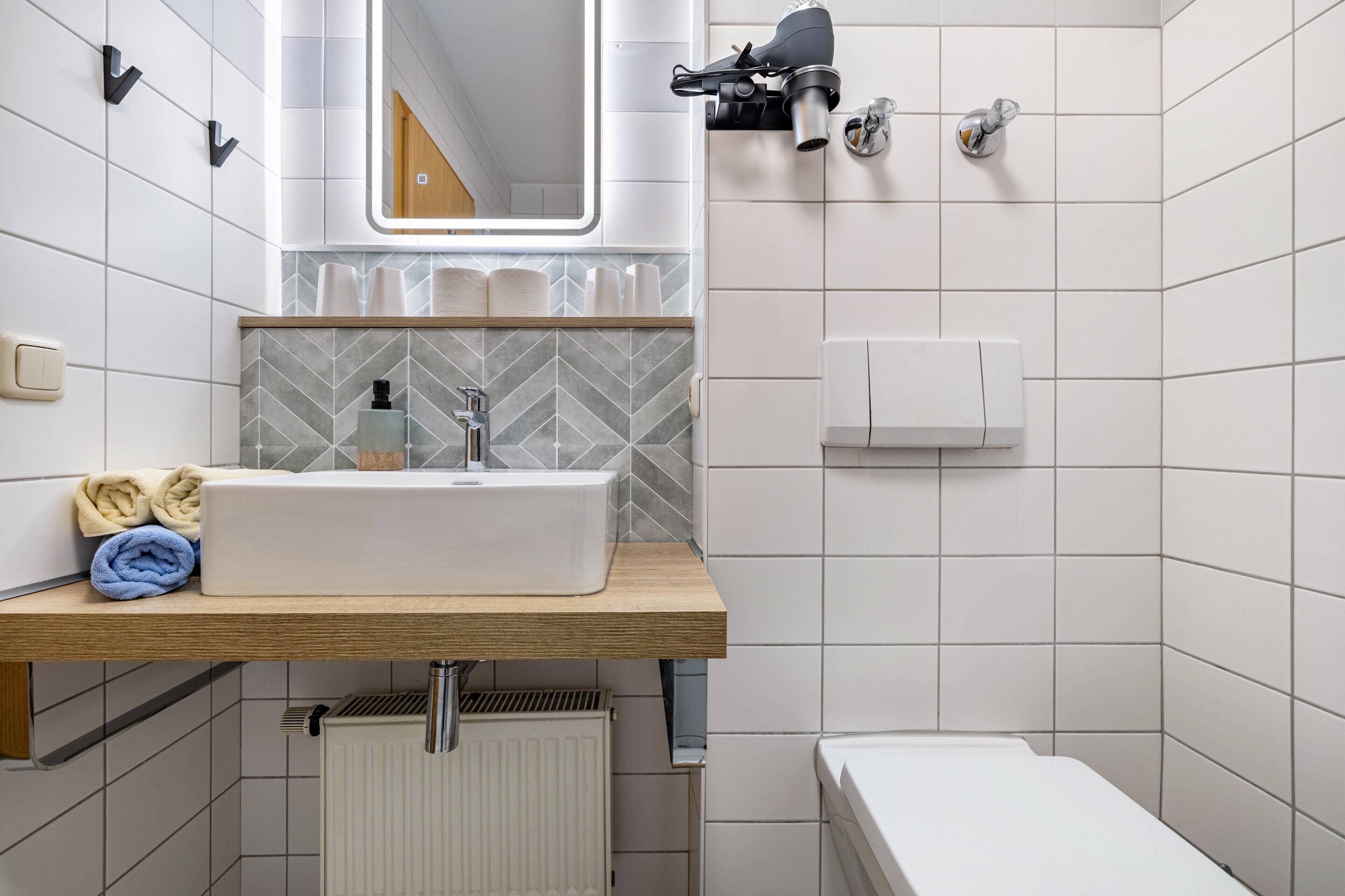 Shower, hair dryer, towels