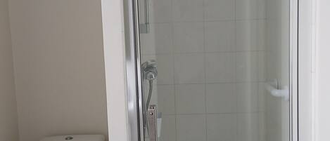 Un baño con inodoro, ducha con puerta de vidrio y paredes de azulejos.