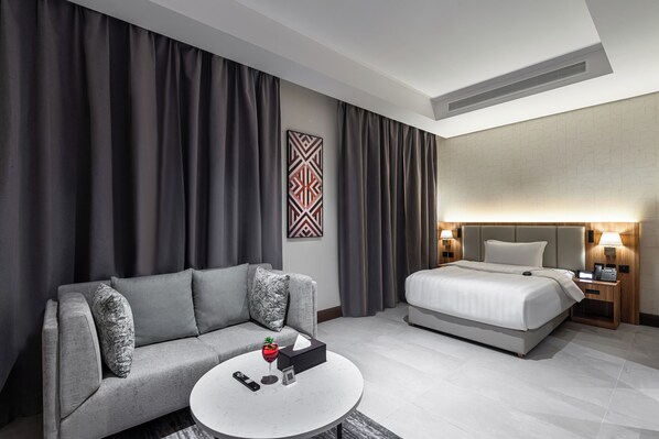 Desk, blackout drapes, soundproofing, iron/ironing board