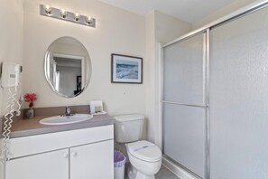 Hair dryer, towels, soap, toilet paper