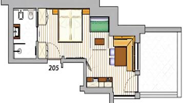 Ein Grundriss mit Wohnbereich, Küche, Bad und einem Balkon.