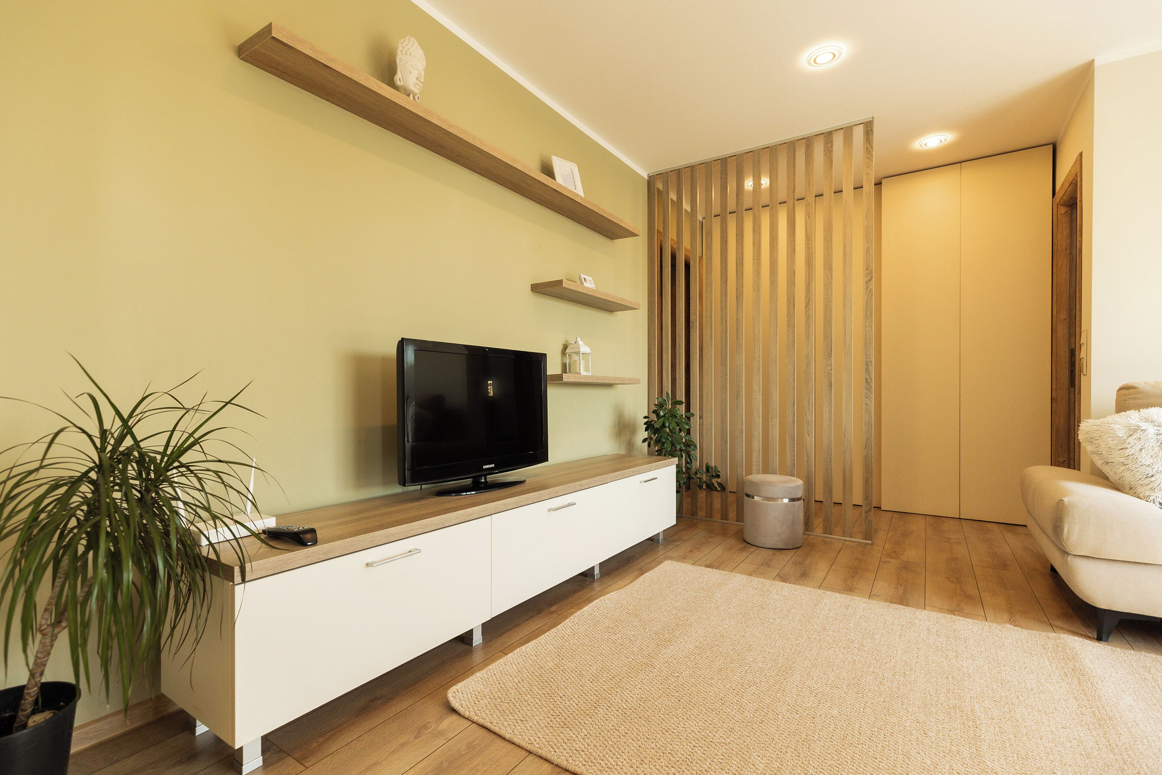A modern living room with a flat-screen TV, wooden shelves, a potted plant, and a beige sofa.