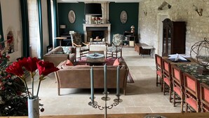 Una sala de estar con chimenea, comedor y un árbol de Navidad.