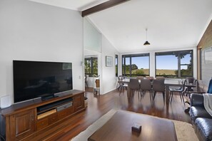 TV connectée, cheminée, livres