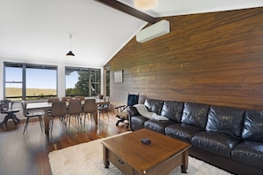 Smart TV, fireplace, books