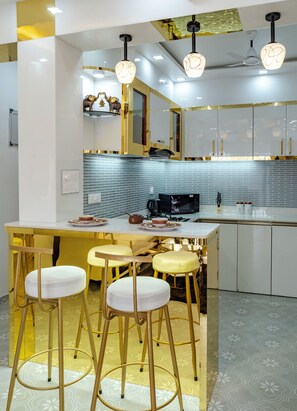 Dining - 2 mins to Candolim Beach! Modern 1BHK w/ Pool & Balcony (Arpora)