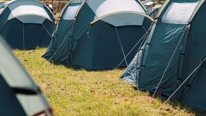 A row of tents in a grassy field with a clear sky. - Bronze Camping (Le Mans)