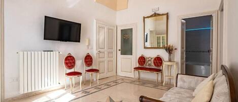 Smart TV, fireplace, books