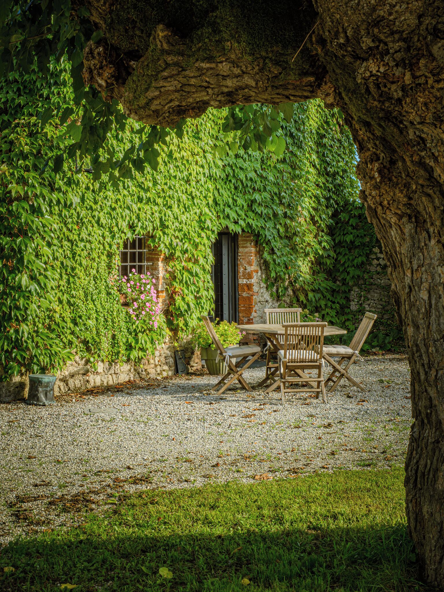 A rustic outdoor seating area with a wooden table and chairs, surrounded by a gravel path and lush greenery.