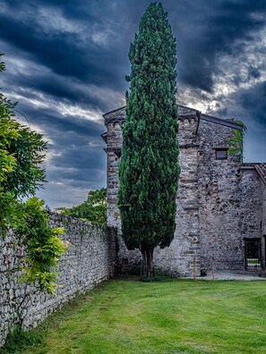 A historic stone building with a tall, narrow tree in front.