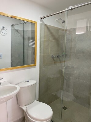 Shower, towels, soap, toilet paper