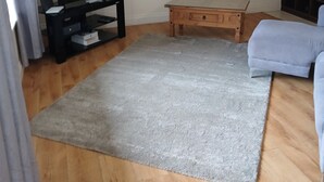 Una sala de estar con televisor, una mesa de centro de madera, un tapete gris, un sofá azul y una chimenea.