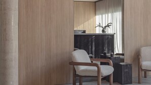 Un interior moderno con paneles de madera, plantas colgantes y dos sillones tapizados.