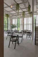Un espacio interior amplio con mesas y sillas dispuestas para comer, ventanas grandes que ofrecen vistas a la vegetación y plantas colgantes que aportan un toque natural.
