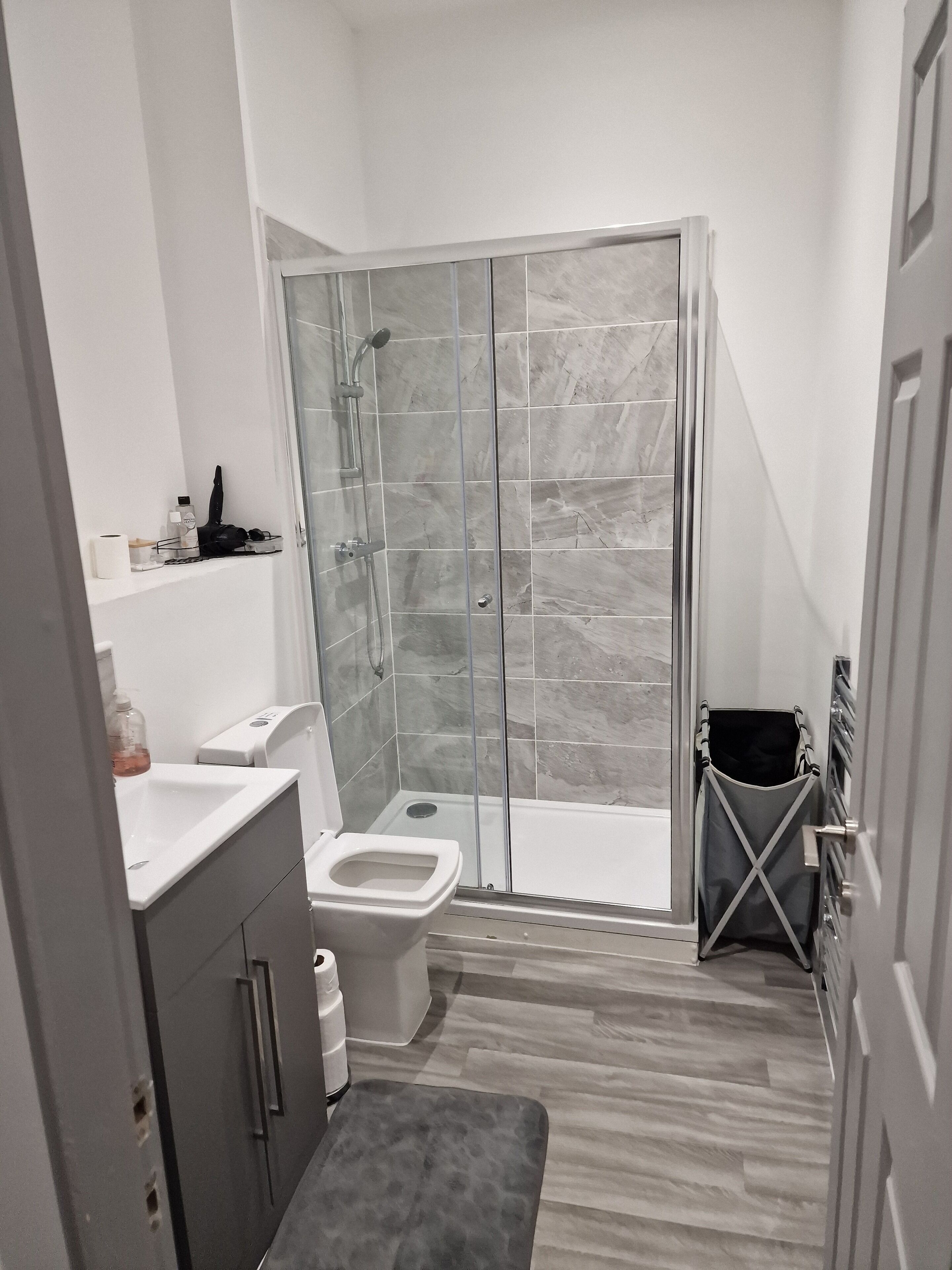 Hair dryer, towels, toilet paper