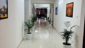 A clean, well-lit hallway with potted plants and framed pictures on the walls. - Hotel Elite Inn (Jodhpur)
