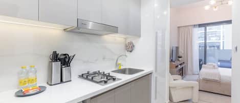 Fridge, microwave, stovetop, toaster