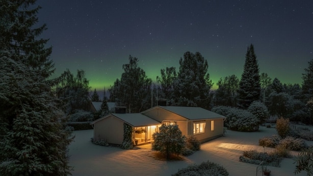 Una casa amb un pati cobert de neu, envoltada d'arbres de fulles perennes, sota un cel estrellat.