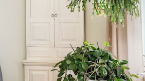 Una habitació amb un armari blanc, una taula de fusta amb una planta en testos i un sofà blau.