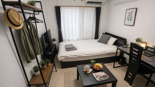 Une chambre d’hôtel de taille réduite, comprenant un lit, un bureau, une chaise, une télévision, une petite table avec une tasse et un bol de fruits, ainsi qu’un porte-manteau avec un chapeau.