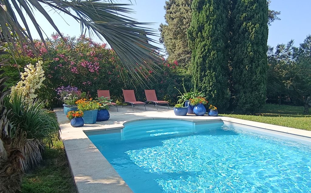 Une piscine à bord incurvé, entourée de plantes en pot et d’un grand arbre.