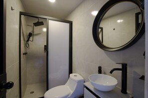 Shower, hair dryer, towels
