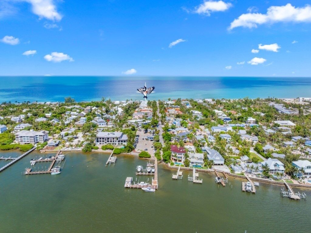 An aerial view of a coastal residential area with houses, docks, and boats.