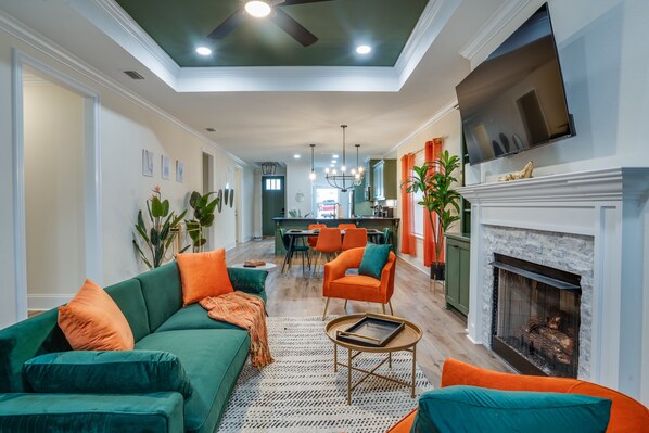 Smart TV, fireplace, books